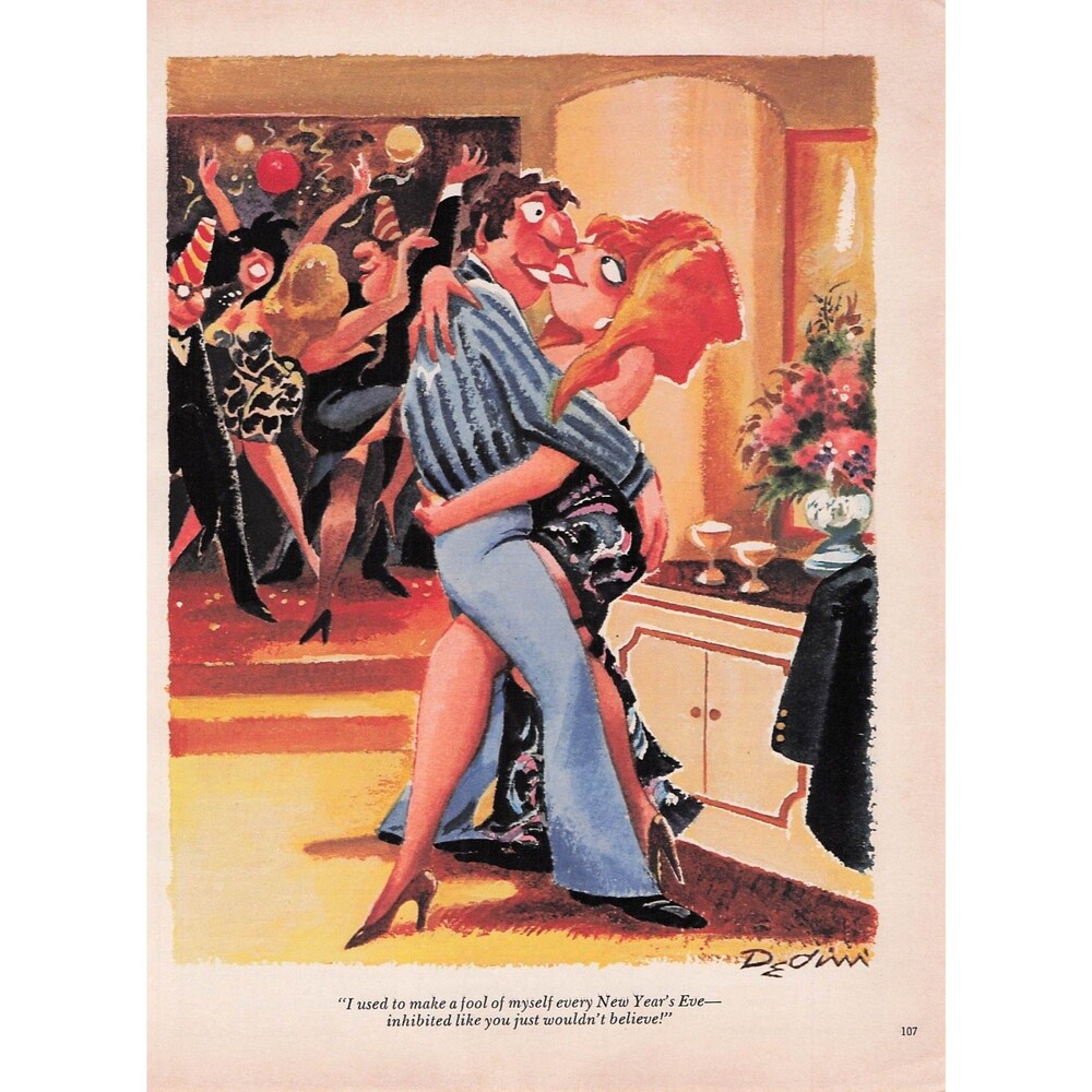 Vintage sexy Cartoon Art funny humor woman long legs high heels new year's eve